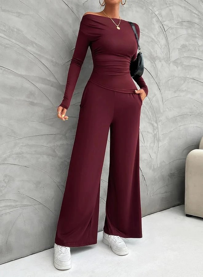 Take Two Boat Neck Fitted Top & Wide Leg Pants Co-Ords by Styli