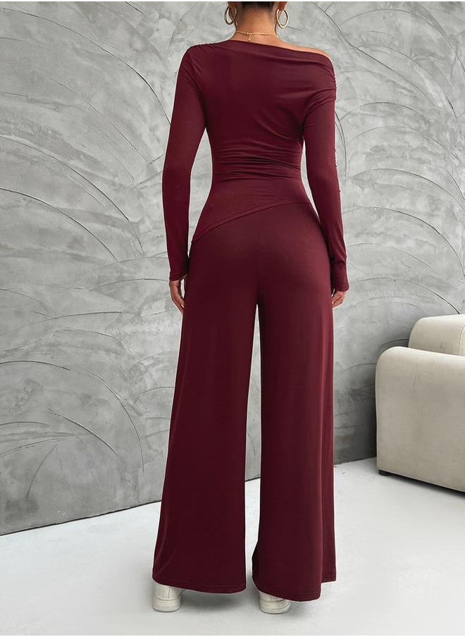 Take Two Boat Neck Fitted Top & Wide Leg Pants Co-Ords by Styli  - Image 2