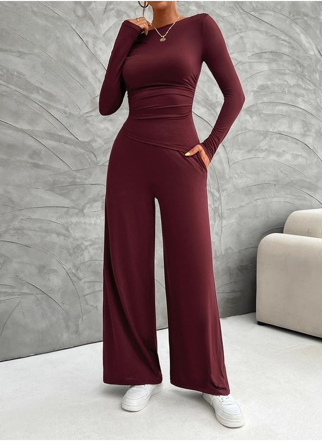 Take Two Boat Neck Fitted Top & Wide Leg Pants Co-Ords by Styli  - Image 4
