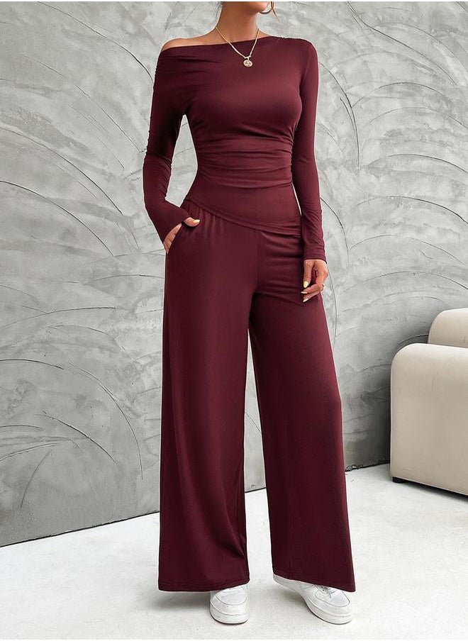 Take Two Boat Neck Fitted Top & Wide Leg Pants Co-Ords by Styli  - Image 3