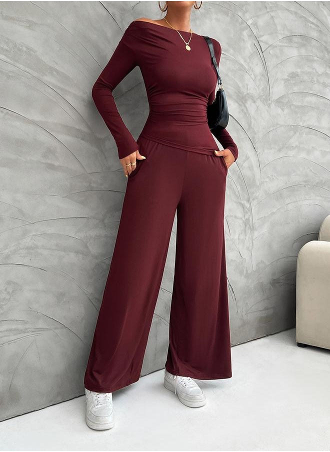 Take Two Boat Neck Fitted Top & Wide Leg Pants Co-Ords by Styli  - Image 5