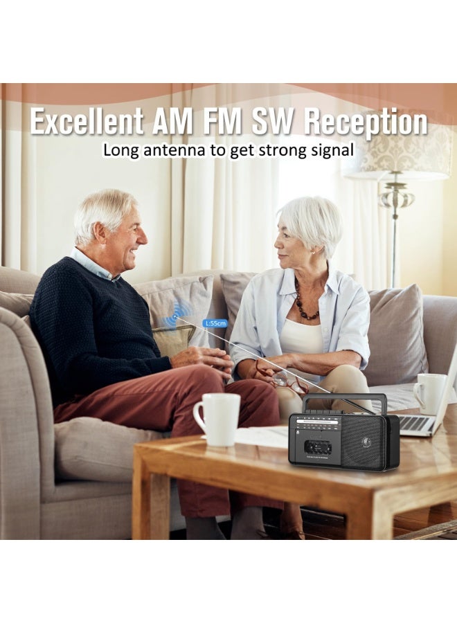 WALALLA Cassette Tape Player Bluetooth Boombox, Cassette Player AM/FM/SW Radio Stereo, Tape Player/Recorder with 8W Speaker and Earphone Jack, USB/TF Card Player, AC Powered or Battery Operated - Image 5