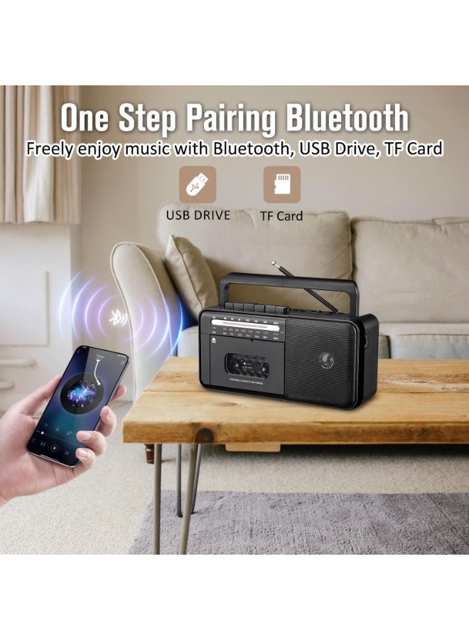 WALALLA Cassette Tape Player Bluetooth Boombox, Cassette Player AM/FM/SW Radio Stereo, Tape Player/Recorder with 8W Speaker and Earphone Jack, USB/TF Card Player, AC Powered or Battery Operated - Image 4