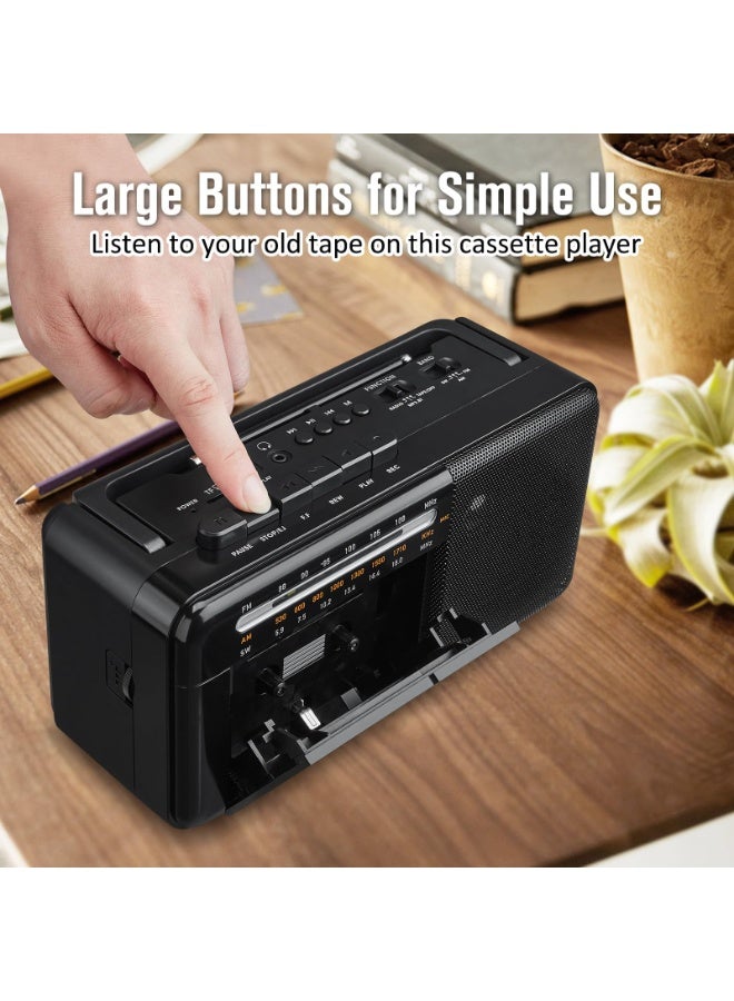 WALALLA Cassette Tape Player Bluetooth Boombox, Cassette Player AM/FM/SW Radio Stereo, Tape Player/Recorder with 8W Speaker and Earphone Jack, USB/TF Card Player, AC Powered or Battery Operated - Image 3