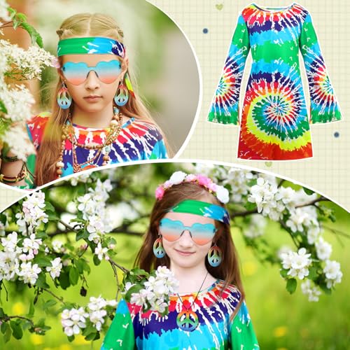 Heentan 6 Pcs Hippie Costume for Girls 70s 60s Dress Outfits for Halloween Boho Cosplay Party(Rainbow Style,Medium) - Image 5