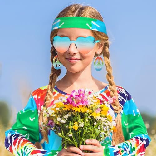 Heentan 6 Pcs Hippie Costume for Girls 70s 60s Dress Outfits for Halloween Boho Cosplay Party(Rainbow Style,Medium) - Image 4