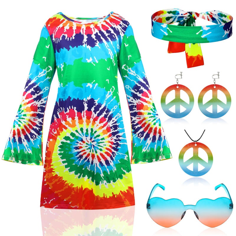 Heentan 6 Pcs Hippie Costume for Girls 70s 60s Dress Outfits for Halloween Boho Cosplay Party(Rainbow Style,Medium) - Image 3