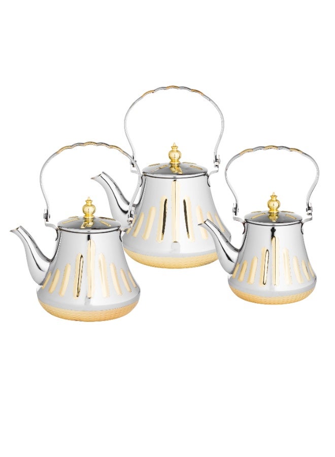 BASURRAH Stainless Steel Teapot Set 3-Piece Upper hand Silver With Gold - Image 1