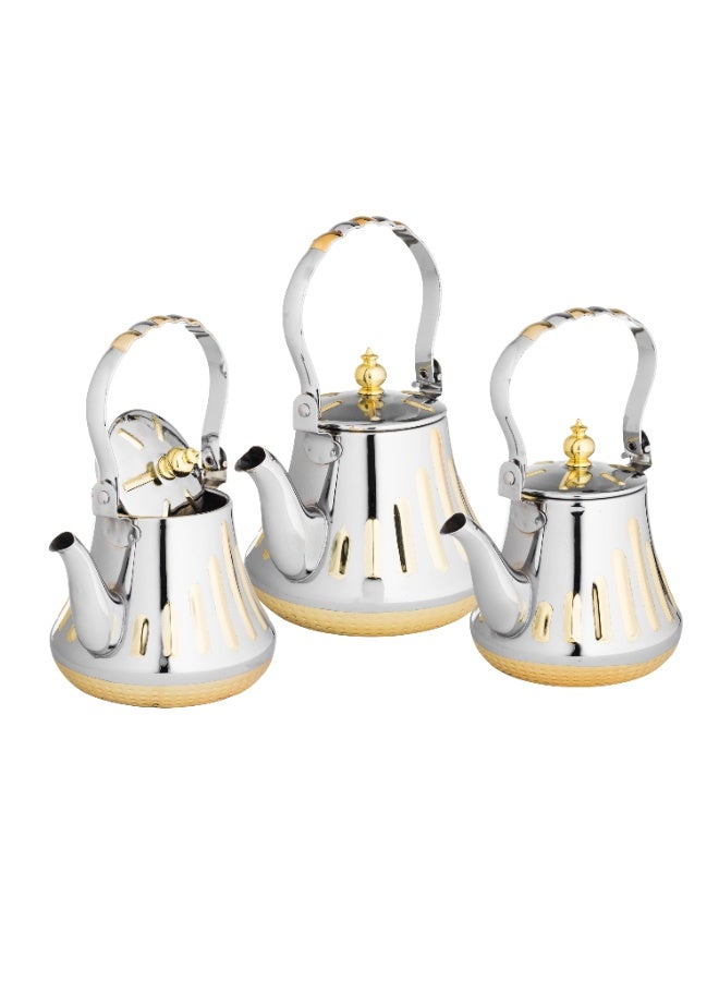 BASURRAH Stainless Steel Teapot Set 3-Piece Upper hand Silver With Gold - Image 3