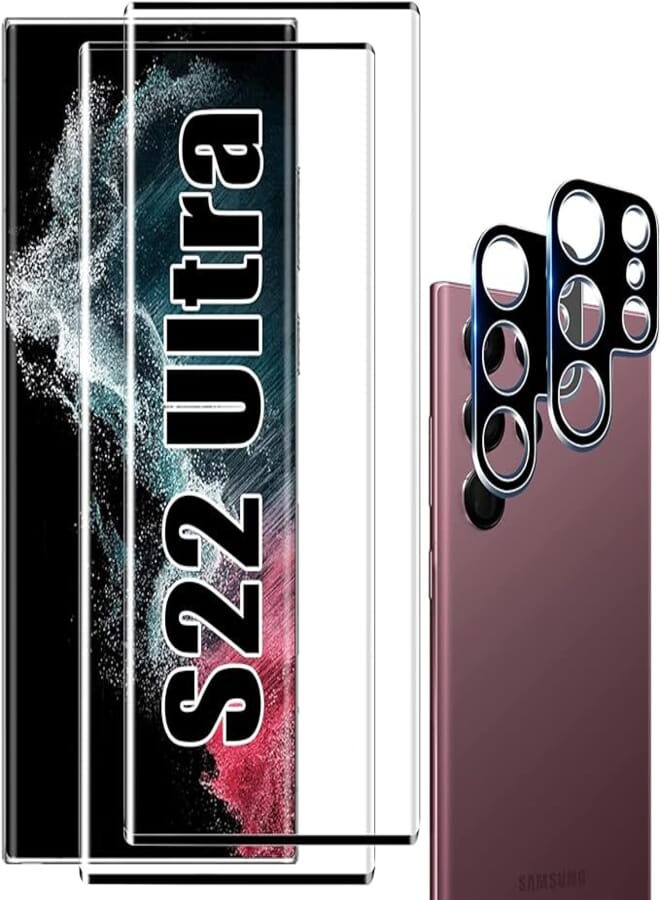 حماية شاشة لجهاز Galaxy S22 Ultra وحماية عدسة الكاميرا، فيلم زجاجي مقسى، يدعم فتح بصمة الإصبع، صلابة 9H، انحناء 3D، مضاد للخدش HD (2+2 عبوة)