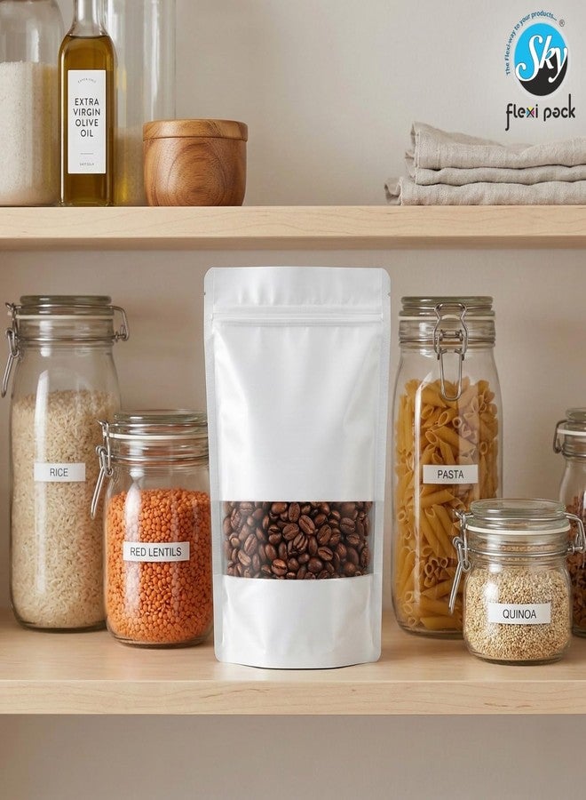 SKY FLEXI PACK Matte White Zip Lock Stand Up Pouches | 16x23.5 cm | 500gm | Pack of 5 | Reusable Airtight Polyester Storage Bags with Transparent Window | Leakproof Self-Sealing Multi-Purpose Pouch - Image 4