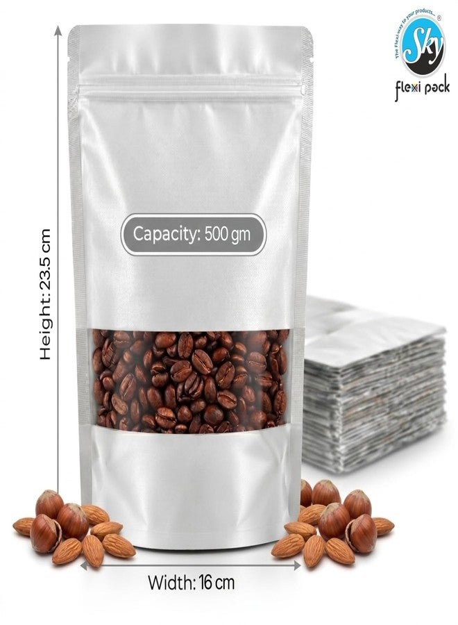 SKY FLEXI PACK Matte White Zip Lock Stand Up Pouches | 16x23.5 cm | 500gm | Pack of 5 | Reusable Airtight Polyester Storage Bags with Transparent Window | Leakproof Self-Sealing Multi-Purpose Pouch - Image 2