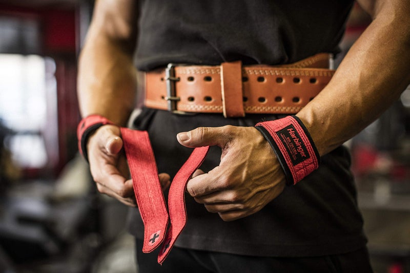Harbinger Padded Leather Lifting Straps, Red - Image 2