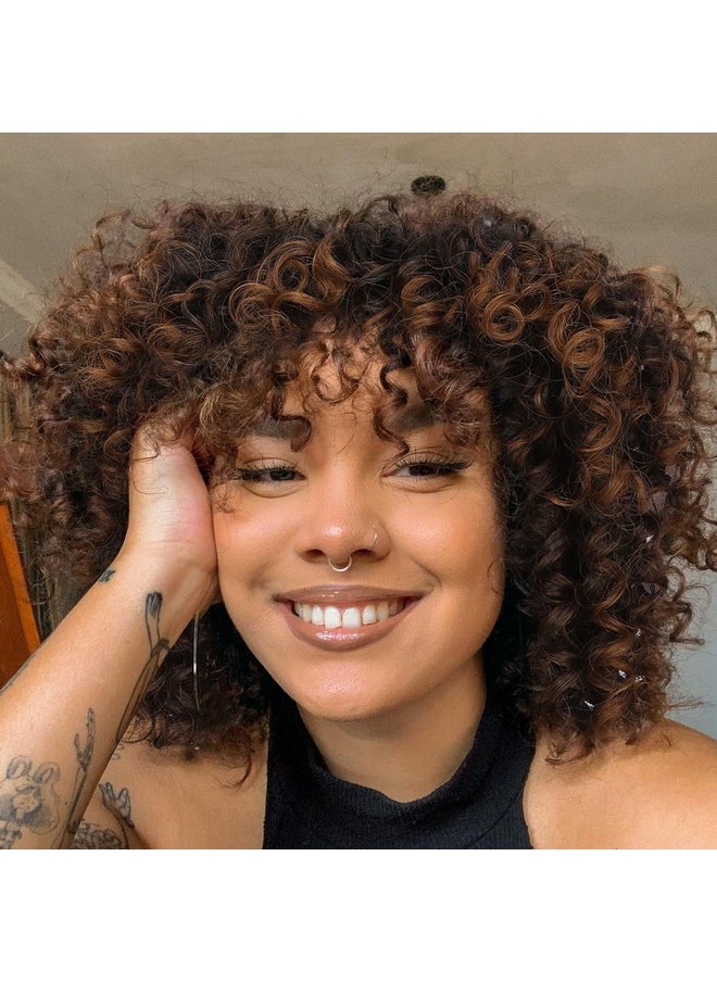 Hanne Fashion Anne Fashion Curly Afro Wig With Bangs Short Kinky Curly Wig For Women Synthetic Ombre Brown Curly Wigs Shoulder Length Glueless Afro Wig (1B/30 )  - Image 2