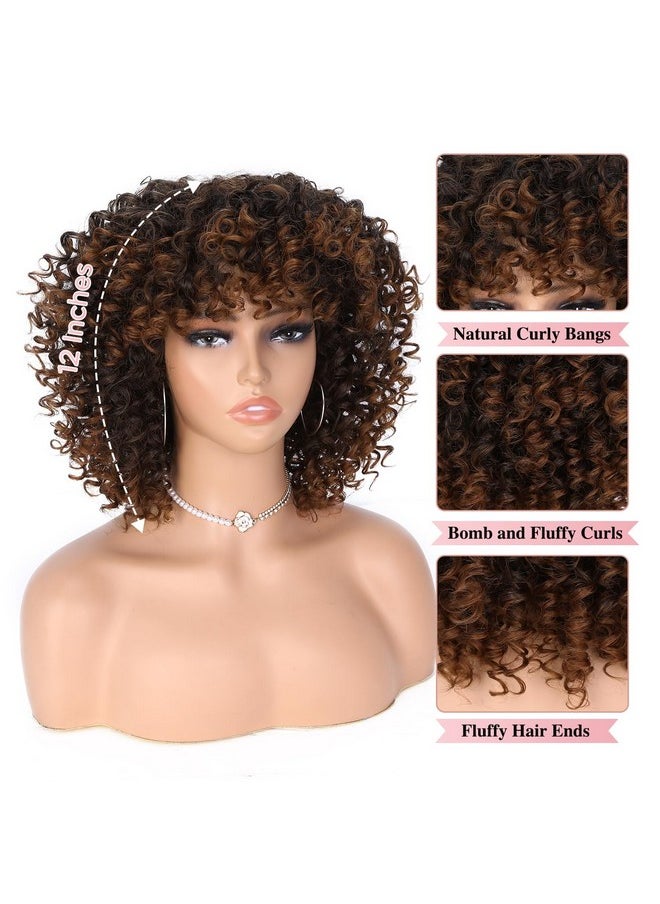 Hanne Fashion Anne Fashion Curly Afro Wig With Bangs Short Kinky Curly Wig For Women Synthetic Ombre Brown Curly Wigs Shoulder Length Glueless Afro Wig (1B/30 )  - Image 5