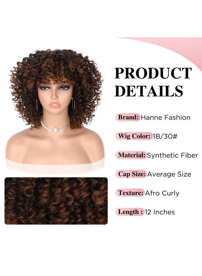 Hanne Fashion Anne Fashion Curly Afro Wig With Bangs Short Kinky Curly Wig For Women Synthetic Ombre Brown Curly Wigs Shoulder Length Glueless Afro Wig (1B/30 )  - Image 4
