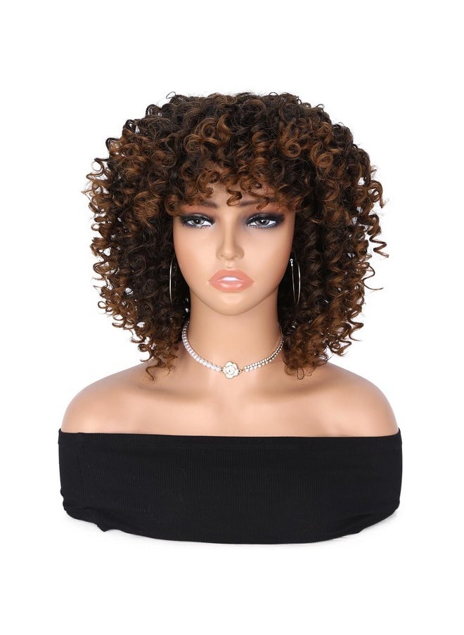 Hanne Fashion Anne Fashion Curly Afro Wig With Bangs Short Kinky Curly Wig For Women Synthetic Ombre Brown Curly Wigs Shoulder Length Glueless Afro Wig (1B/30 )  - Image 3