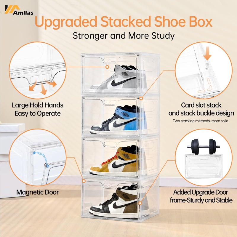 Amllas 8 Pack Shoe Boxes Clear Plastic Stackable, Large Shoe Storage Organizer with Lids,Drop Side Shoe Containers for Entryway,Sneaker Storage Fit up to US Size 13 (13â€™â€™x 10.6â€x 8.3â€) - Image 3