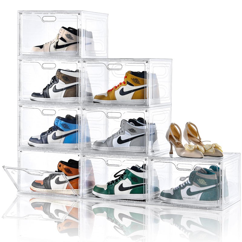 Amllas 8 Pack Shoe Boxes Clear Plastic Stackable, Large Shoe Storage Organizer with Lids,Drop Side Shoe Containers for Entryway,Sneaker Storage Fit up to US Size 13 (13â€™â€™x 10.6â€x 8.3â€) - Image 1