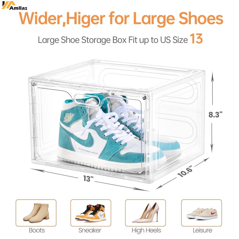 Amllas 8 Pack Shoe Boxes Clear Plastic Stackable, Large Shoe Storage Organizer with Lids,Drop Side Shoe Containers for Entryway,Sneaker Storage Fit up to US Size 13 (13â€™â€™x 10.6â€x 8.3â€) - Image 2