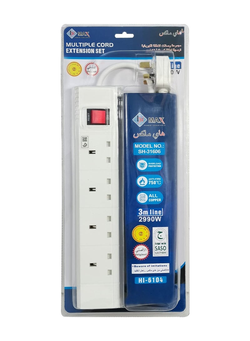 هايماكس تمديد سلك طاقة متعدد 4 مقابس 2990 وات 50/60 هرتز منصهر والحمل الزائد/حماية ضد الحريق 3 متر SH31606 - Image 3