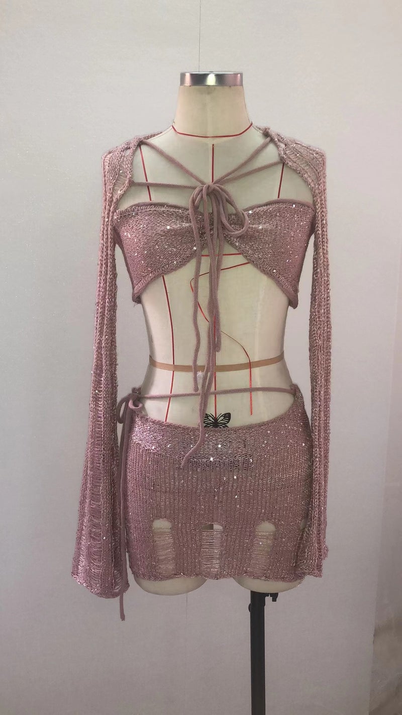 2023 Fashion Sequined Long Sleeve Crop Top Knit Set Lotus root color 
