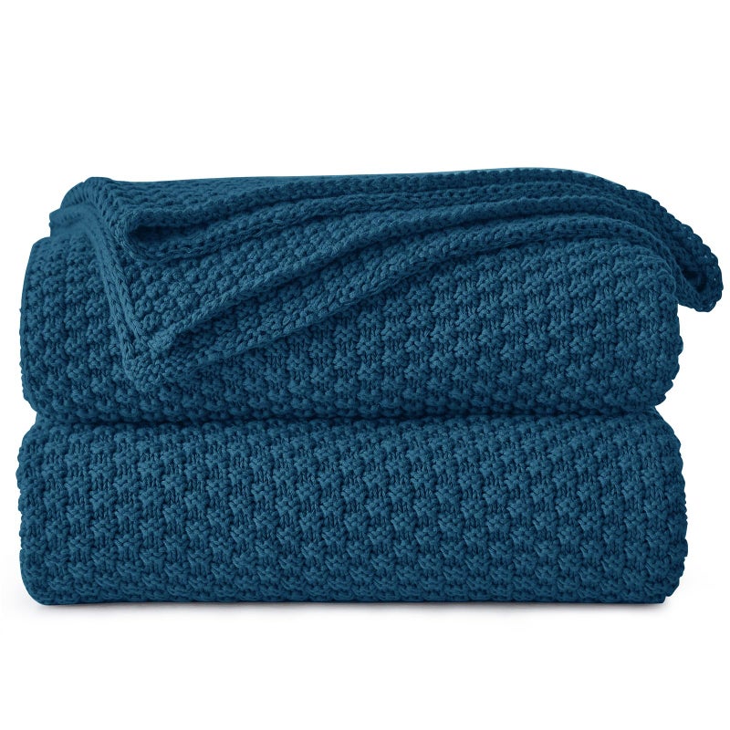 Longhui bedding Blue Knitted Throw Blanket for Couch  Soft  Cozy Machine Washable 100% Cotton Sofa Knit Blankets  Heavy 4.0lb Weight  60 x 80 Inches  Laundry Bag Included - Image 1