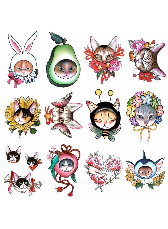 Oottati 30 Sheets Super Cute Tiny Cats Head Flower Waterproof Temporary Tattoo Suit For Kids Women Pool Party, Easy Apply & Lasts 7 Days, Summer Fun Essentials - Image 1
