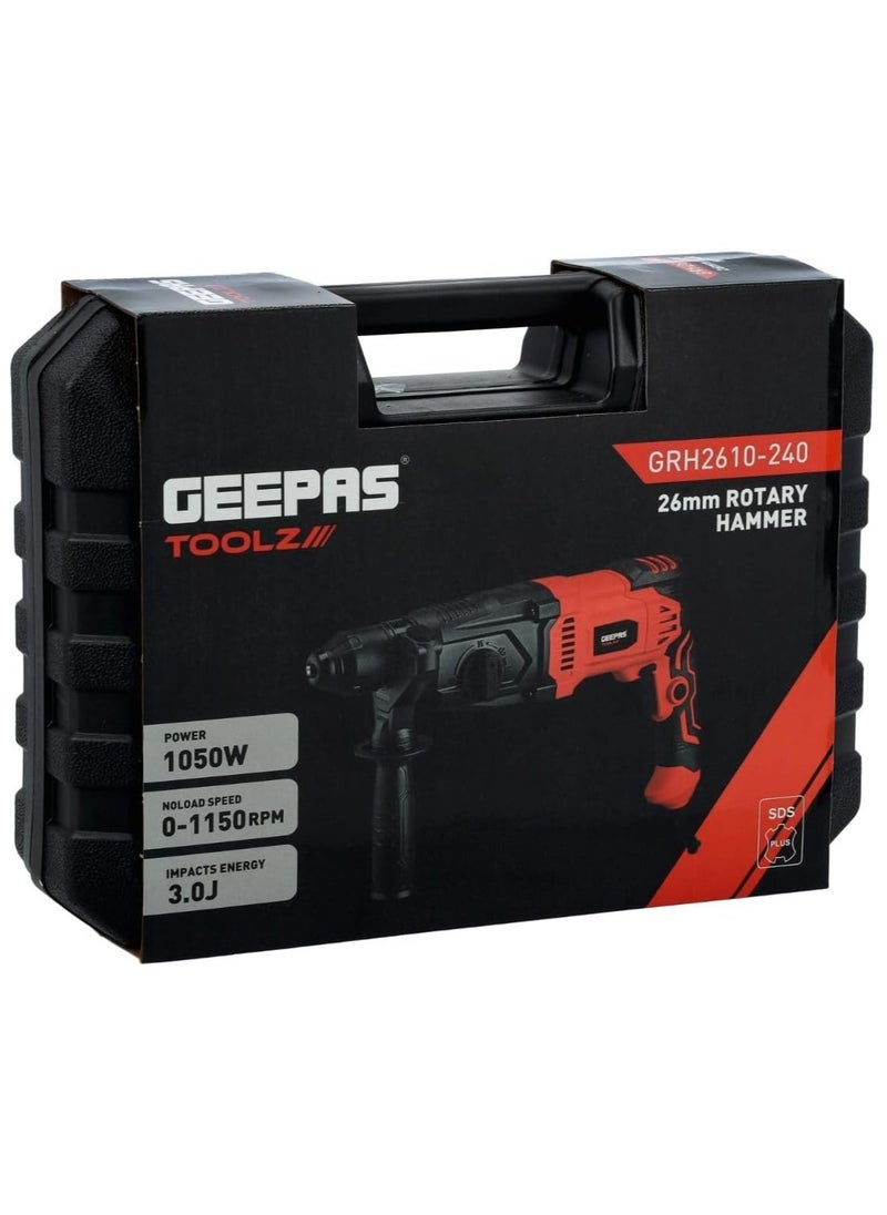 GEEPAS - 26mm Rotary Hammer, Hammer With SDS Plus, GRH2610-240 | 4 Function And Adjustable Soft Grip Handle | Point And Flat Chisel | Heavy Duty Rotary Hammer Drill - Image 1