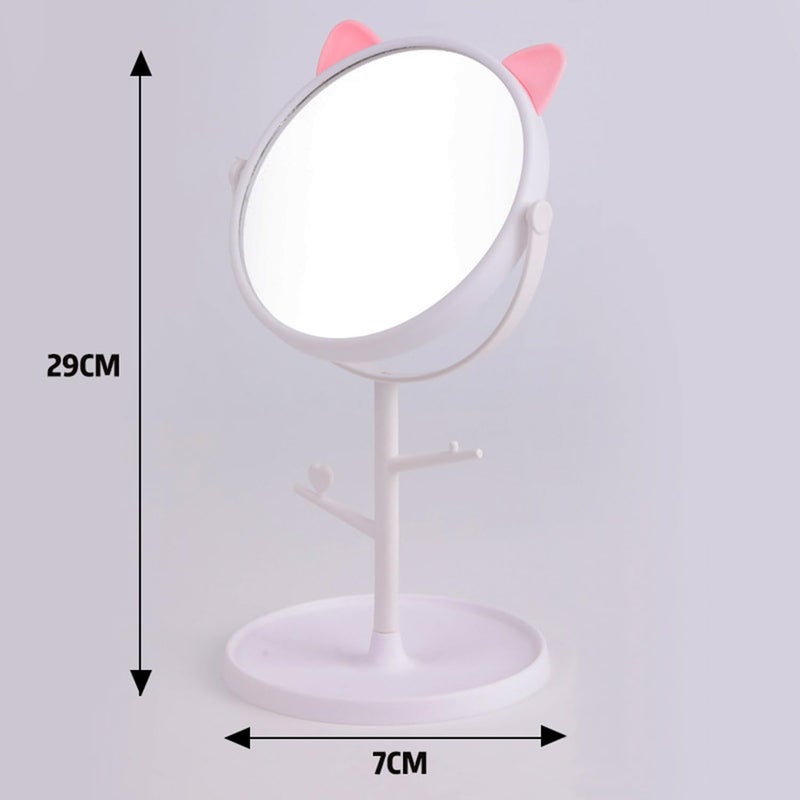 PRAYAS Tabletop Makeup Mirror Rotatable Vanity Mirror Desktop Mirror with Cute Cat Ears Shape Round Cosmetic Mirror for Household and Travel White White - Image 2
