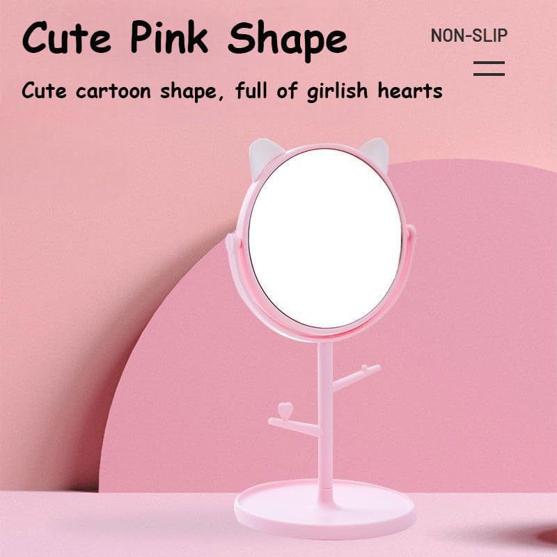 PRAYAS Tabletop Makeup Mirror Rotatable Vanity Mirror Desktop Mirror with Cute Cat Ears Shape Round Cosmetic Mirror for Household and Travel White White - Image 4