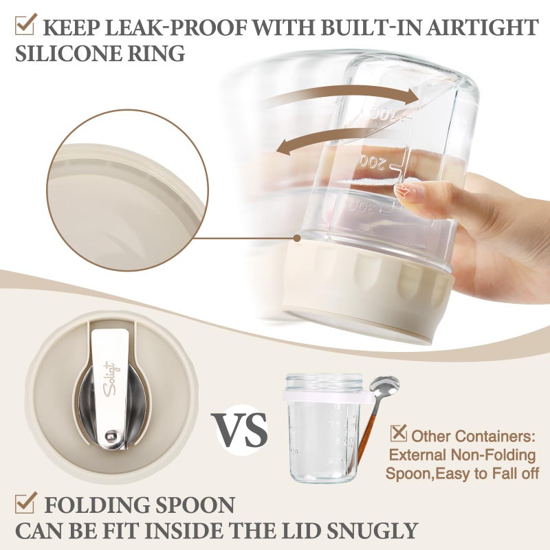 SOLIGT 2 Pack Overnight Oats Containers with Lids, Folding Spoons and Divided Compartments for Fruit & Nuts, Small Glass 16oz Mason Jars for Oatmeal Yogurt Parfait (2 Set-Oat White/Oat White) - Image 4
