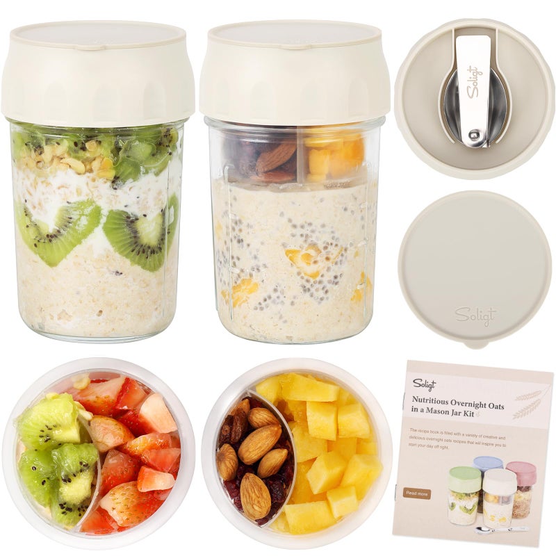 SOLIGT 2 Pack Overnight Oats Containers with Lids, Folding Spoons and Divided Compartments for Fruit & Nuts, Small Glass 16oz Mason Jars for Oatmeal Yogurt Parfait (2 Set-Oat White/Oat White) - Image 1