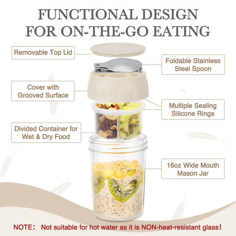 SOLIGT 2 Pack Overnight Oats Containers with Lids, Folding Spoons and Divided Compartments for Fruit & Nuts, Small Glass 16oz Mason Jars for Oatmeal Yogurt Parfait (2 Set-Oat White/Oat White) - Image 3