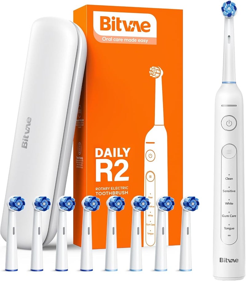 Bitvae R2 Rotating Electric Toothbrush for Adults with 8 Brush Heads, 5 Modes Rechargeable Power Toothbrush with Pressure Sensor, White - Image 1