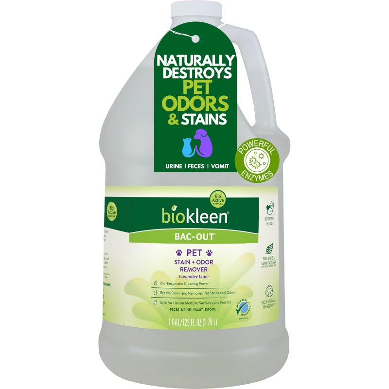 Biokleen Bac-Out Pet Stain Remover - Enzymatic, Natural, Plant-Based Destroys Stains & Odors, Safe for Surfaces & Fabrics, Carpet Cleaner - Eco-Friendly, Lavender Lime Scent, 1 Gallon - Image 1
