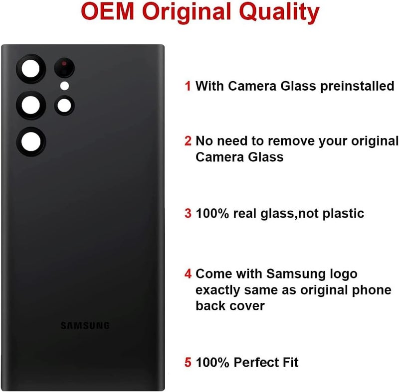 Perzework استبدال زجاج خلفي لجهاز سامسونج جالاكسي S22 ألترا 6.8 بوصة 5G مع مجموعة أدوات الإصلاح ومواد لاصقة مثبتة مسبقًا (أسود شبح) - Image 2