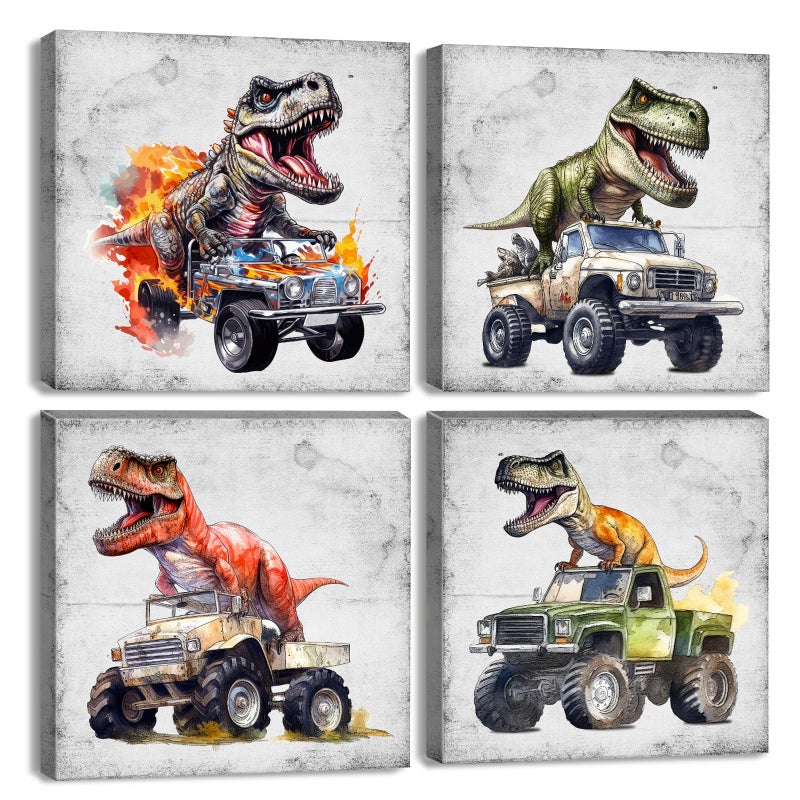 YOOOAHU Retro Dinosaur Wall Art Funny Dinosaur Room Decor for Boys Vintage Car Pictures Kids Bedroom Playroom Wall Decor Cool Dino Posters Canvas Prints Nursery Bathroom Artwork Home Decorations 12x12 4Pcs - Image 2