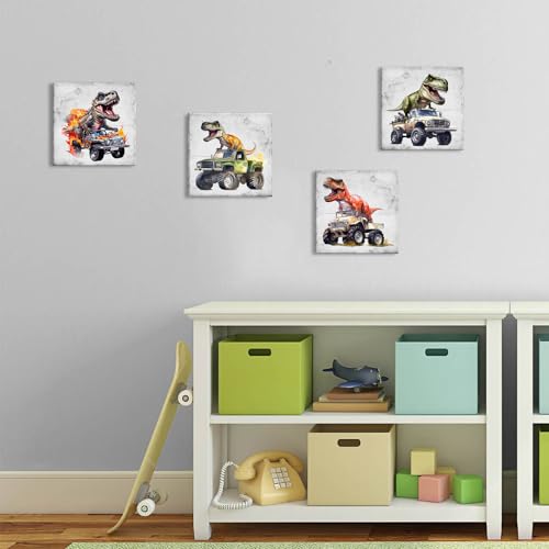 YOOOAHU Retro Dinosaur Wall Art Funny Dinosaur Room Decor for Boys Vintage Car Pictures Kids Bedroom Playroom Wall Decor Cool Dino Posters Canvas Prints Nursery Bathroom Artwork Home Decorations 12x12 4Pcs - Image 3