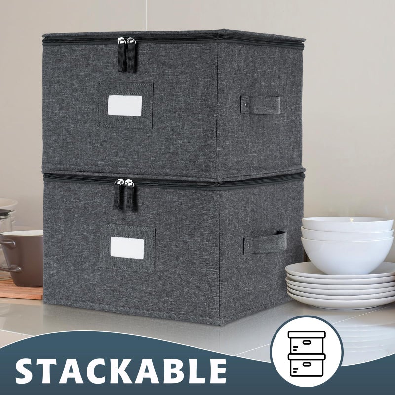 popoly China Storage Containers Hard Shell Inside 12"" W x 8"" H  Dinner Plate Storage Containers for Dishes  Dinnerware with 24 Felt Dividers  Hold 24 Plates  Stackable (2 Pack Grey) - Image 2