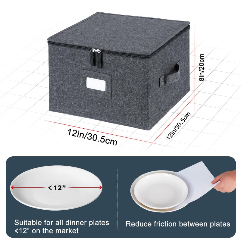 popoly China Storage Containers Hard Shell Inside 12"" W x 8"" H  Dinner Plate Storage Containers for Dishes  Dinnerware with 24 Felt Dividers  Hold 24 Plates  Stackable (2 Pack Grey) - Image 5