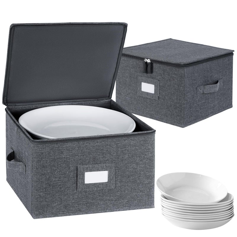 popoly China Storage Containers Hard Shell Inside 12"" W x 8"" H  Dinner Plate Storage Containers for Dishes  Dinnerware with 24 Felt Dividers  Hold 24 Plates  Stackable (2 Pack Grey) - Image 1