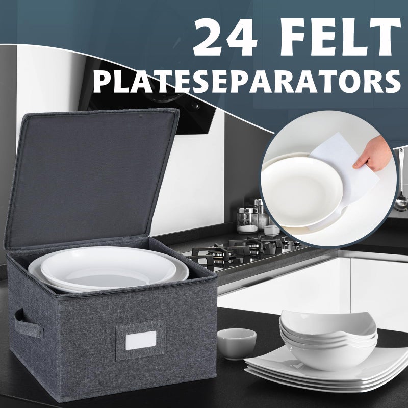 popoly China Storage Containers Hard Shell Inside 12"" W x 8"" H  Dinner Plate Storage Containers for Dishes  Dinnerware with 24 Felt Dividers  Hold 24 Plates  Stackable (2 Pack Grey) - Image 3