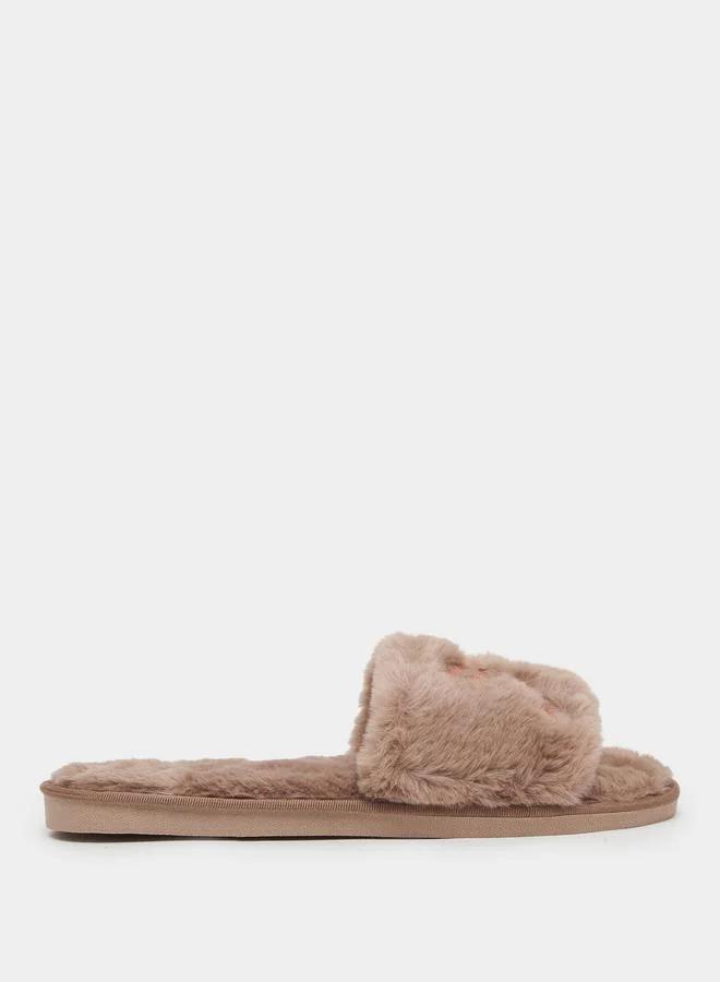 Fuzzy Embroidered Bow Bedroom Slippers