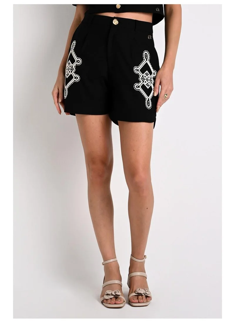 Carmen Steffens Bermuda with Rounded Hem and Black Embroidery