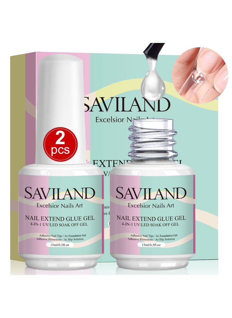 Saviland SAVILAND 4-in-1 Gel X Nail Glue: 2 PCS 15 ML Nail Glue for Acrylic Nails,Super Strong Brush On Glue Gel for False Nails,U V & LED Lamp Required 