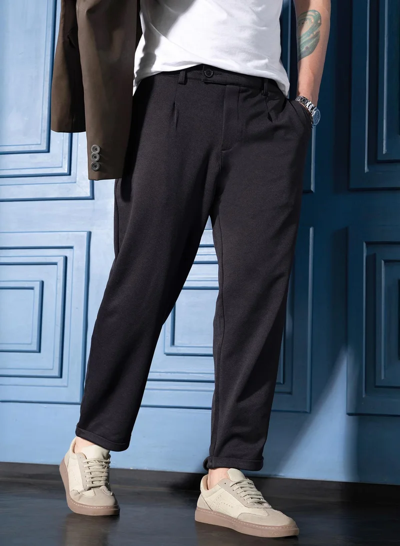 Men Pleated-Tailored Trousers | Mid-Rise, Side-Adjuster | Button , Straight Hem | Solid Twill Woven Fabric For Casual & Daily Wear | Onyx Black