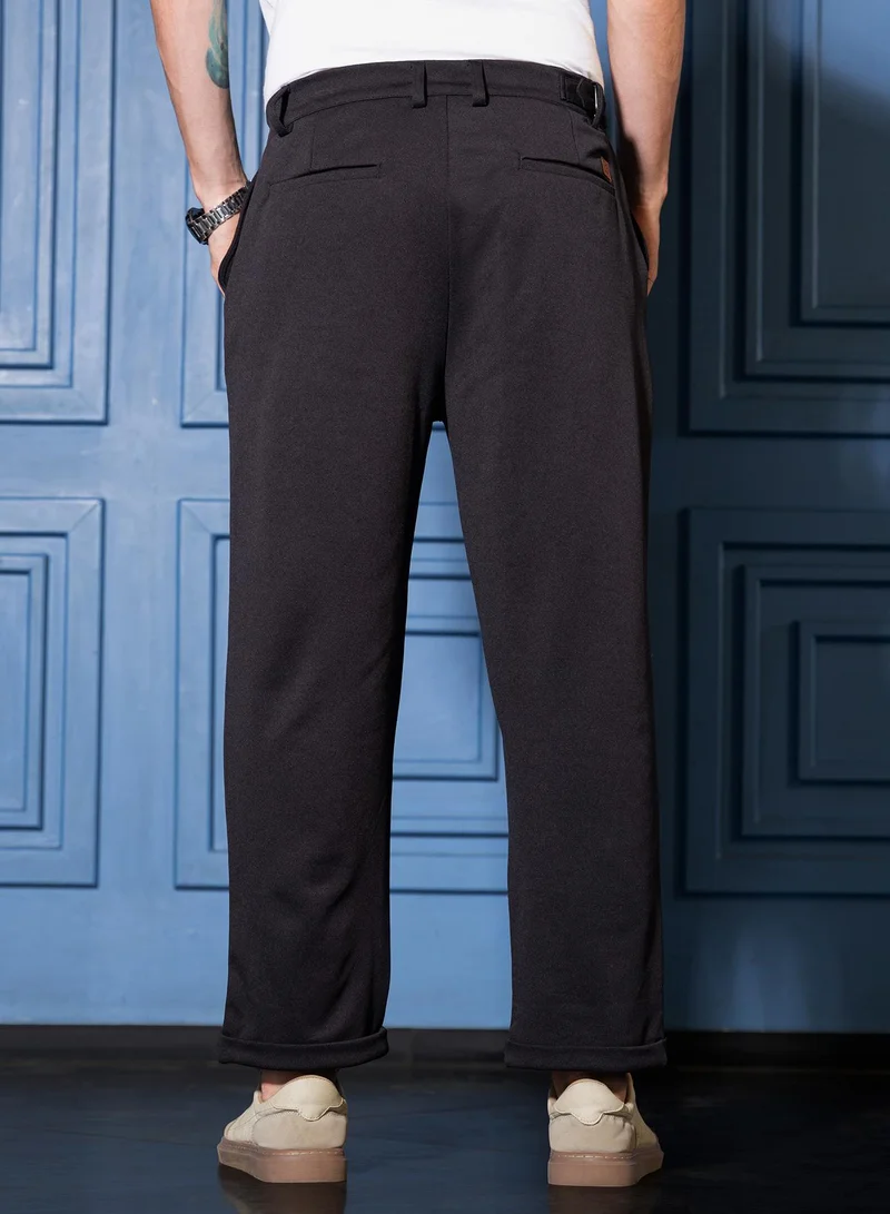 CAHOOT  Men Pleated-Tailored Trousers | Mid-Rise, Side-Adjuster | Button , Straight Hem | Solid Twill Woven Fabric For Casual & Daily Wear | Onyx Black for Men | Best Price UAE