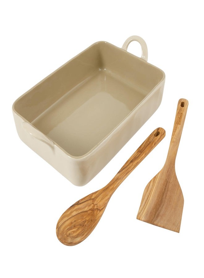 Bloomhouse 3-Piece 4.8-Quart 9 X 13 Ceramic Bakeware Set with Olive Wood Tools - Linen/Taupe Baking Dish with Handles, Oven Safe, Durable Stoneware for Casseroles, Roasting & Serving - Image 1