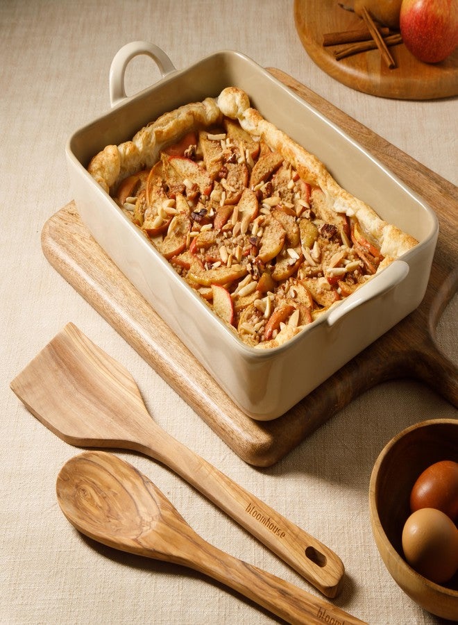 Bloomhouse 3-Piece 4.8-Quart 9 X 13 Ceramic Bakeware Set with Olive Wood Tools - Linen/Taupe Baking Dish with Handles, Oven Safe, Durable Stoneware for Casseroles, Roasting & Serving - Image 2